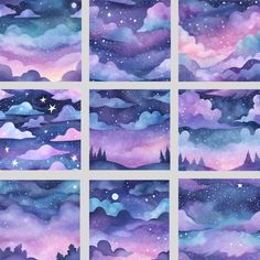 the sky with stars and clouds painted in watercolor