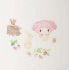 a white plate with an image of two rabbits and a mushroom on the side, in pastel colors