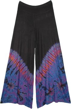 These loose and broad leg pants in black look very elegant and can be worn with a wide variety of tops. A very comfortable pair of pants with a beautiful tie and dye print at the lower part of it; below the knees. #tlb #SplitSkirtsPants #XLPlus #Misses #Yoga #vacationclothing #beachwrap #TieDye #Tiedyepalazzopants #widelegpants #festivalbohopants Black Rayon Casual Pants, Casual Black Rayon Pants, Black Stretch Yoga Pants For Summer, Black Full Length Yoga Pants For Summer, Black Summer Yoga Pants With Elastic Waistband, Summer Black Yoga Pants With Elastic Waistband, Black Rayon Bottoms For Spring, Black Stretch Wide-leg Yoga Pants, Black Wide Leg Yoga Pants For Summer