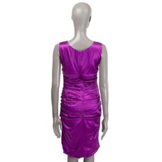 For Sale on 1stDibs - Dolce & Gabbana sleeveless satin ruched dress in orchid purple silk (96%) and elastane (4%) with a round neck. Closes on the back with a zipper. Lined Elegant Purple Sleeveless Evening Dress, Ruched Silk Sheath Dress, Elegant Ruched Sleeveless Dress, Formal Ruched Sleeveless Dress, Ruched Sleeveless Dress For Formal Occasions, Silk Dresses With Ruched Bodice, Stretch Purple Ruched Dress, Purple Stretch Ruched Dress, Purple Ruched Formal Dress