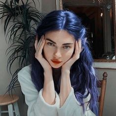 Blue Hair On Pale Skin, Long Blue Hair Aesthetic, Blue Haired Girl Aesthetic, Muted Blue Hair, Blue Aesthetic Hair, Girl With Dark Blue Hair