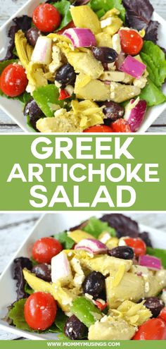 greek artichoke salad with tomatoes, olives and lettuce in it