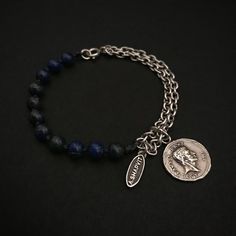 Men's sterling silver coin bracelet with blue lapis beads, blue lapis beaded bracelet, Boho Jewelry, Men’s Boho Jewelry, Hippie Jewelry Men, Silver Bracelets With Lapis Lazuli Natural Stones, Silver Beaded Bracelet With Lapis Lazuli And Natural Stones, Silver Bracelets With Coin Pendant As Gift, Silver Bracelets With Coin Pendant For Gift, Silver Lapis Lazuli Round Bead Jewelry, Mens Charm Bracelet, Lapis Bracelet