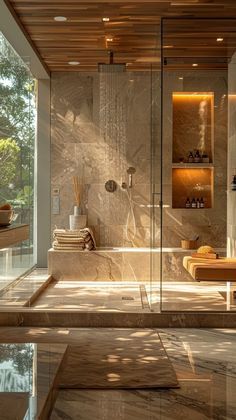 a large bathroom with a glass shower door and marble flooring, along with an outdoor jacuzzi tub