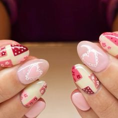 Girly Pink Nail Designs, Patch Nail Art, Ditsy Floral Nails, Quilted Nails Designs, Stamp Nails Ideas, March Nails Ideas Spring, Strawberry Summer Nails, Patchwork Nail Art, Quilt Nails Designs