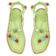 New Schutz / Anthropologie Gem Tie-Up Sandal In Lime Green Multi - Beaded Gladiator Womens Size 8 Decorated Straps Put A Unique Spin On The Gem Sandal, A Flat Silhouette That Has Been Crafted From Leather. Condition: New Never Worn , Retails $118 Atanado Leather| Tr Lining| Jelly Outsole Embellished Upper Flat Heel - 0.6in Lace-Up Closure Square Toe Counter Type: Open Tags: Boho Bohemian Festival Colorful Indie Contemporary Bright Summer Vacation Anthropolo Green Embellished Round Toe Sandals, Spring Beaded Sandals With Flat Heel, Spring Beaded Flat Sandals, Spring Vacation Beaded Sandals, Spring Embellished Sandals With Single Toe Strap, Summer Beaded Ankle Strap Sandals, Beaded Ankle Strap Sandals For Summer, Spring Beaded Ankle Strap Sandals, Summer Festival Embellished Sandals