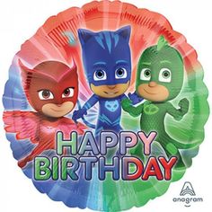 a happy birthday balloon with the characters of pj masks