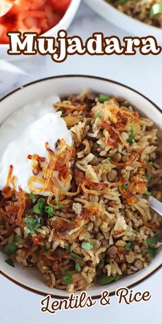 Bowl of lentils and rice with crispy onions with Pinterest overlay. Lebanese Lentils And Rice Recipe, Rice And Lentils Recipe, Lebanese Lentils And Rice, Lentils And Rice Recipe, Lebanese Lentils, Lebanese Meat Pies, Mujadara Recipe, Mediterranean Diet Menu, Lebanese Rice