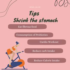 a woman riding an exercise bike with the words tips shrink the stomach and eat fibrous