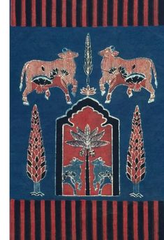 a blue and red rug with some animals on the front, and two trees in the back