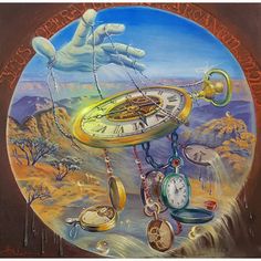 a painting of a clock with hands reaching for it