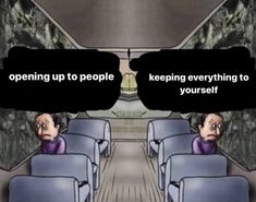 an airplane with two people sitting in seats and the words opening up to people keeping everything to yourself