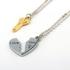 A pretty and unique relationship necklaces that are perfect for couples to wear 	With a romantic heart and key pendant on each necklace making it a match to each other 	Suitable to give as a present on anniversaries, birthdays, Valentine's day, and other special occasions 	Material: alloy 	Dimension: 1.8 x 1cm (Key pendant) / 2.2 x 2cm (Heart pendant) 	Package content: 	1 x Key Pendant Necklace 	1 x Heart Pendant Necklace Tiffany Choker, Key Jewelry Necklaces, Relationship Necklaces, Necklace Chain Types, Key Pendant Necklace, Lovers Necklace, Couple Jewelry, Key Necklace, Valentines Necklace