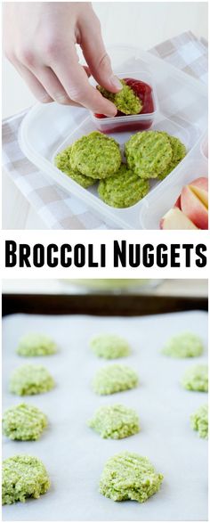 broccoli nuggets on a baking sheet and in a plastic container with dipping sauce