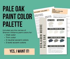 the pale oak paint color palette is shown in three different colors, including brown and green