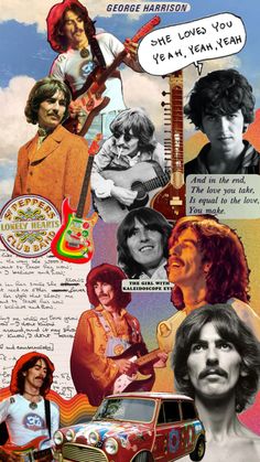 an image of the beatles collaged together with words and pictures on it's side