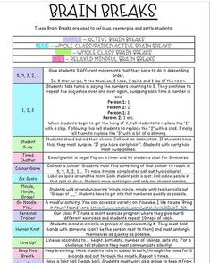 the brain breaks worksheet for students to practice their thinking skills and reading alouds