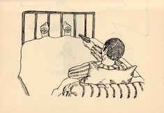 a drawing of a boy in bed with his hand on the pillow and looking at an alarm clock