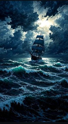 a painting of a ship sailing in the ocean at night