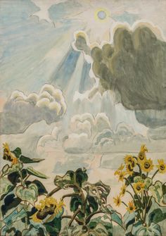 a painting of sunflowers and clouds in the sky