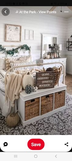 a bed with baskets and blankets on top of it