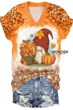 Get Ready For Fall~ Just only $19.99 Cute Printed Tops For Fall, Cute V-neck Top For Fall, Cute Multicolor Tops For Fall, Cute Multicolor Fall T-shirt, Multicolor V-neck T-shirt For Fall, Printed Short Sleeve T-shirt For Fall, Fall V-neck T-shirt With Letter Print, Fall Letter Print V-neck T-shirt, Gnome Pumpkin