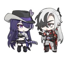 two anime characters, one with purple hair and the other with black hair wearing hats