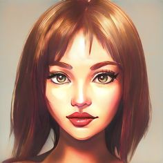 a digital painting of a woman's face with brown hair and green eyeliners