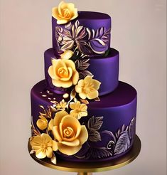 a three tiered purple cake with yellow flowers on it