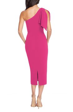 An elegant one-shoulder neckline and figure-hugging silhouette style a sophisticated midi dress with two panels that cascade over the single shoulder. 43 1/2" length (size Medium) One-shoulder neck Sleeveless Lined 97% polyester, 3% spandex Dry clean or machine wash, line dry Imported Special Occasion Pink One-shoulder Dress With Asymmetrical Neckline For Gala, Pink One Shoulder Dress With Asymmetrical Neckline For Gala, Pink One-shoulder Dress For Gala, Elegant Pink One Shoulder Dress, Pink Sleeveless One Shoulder Dress For Gala, Pink Sleeveless One-shoulder Dress For Gala, Fitted Knee-length Pink One Shoulder Dress, Pink Fitted Knee-length One Shoulder Dress, Pink Off-shoulder Midi Dress For Formal Events