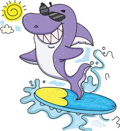 a cartoon shark riding a surfboard in the ocean