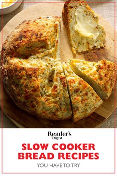 the recipe for slow cooker bread is shown on a cutting board with a knife