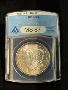 an old coin is on display in a clear plastic case with the label for ms67