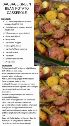 sausage and bean potato casserole is shown in two separate pictures, with instructions