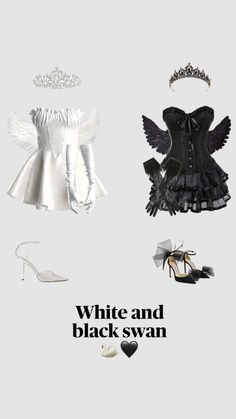 white and black swan dresses with tiara, shoes and jewelry on display in front of a gray background