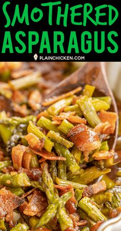 a spoon full of green beans and other vegetables with the words, smothered asparagus