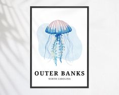 a watercolor painting of a jellyfish with the words outer banks written below it