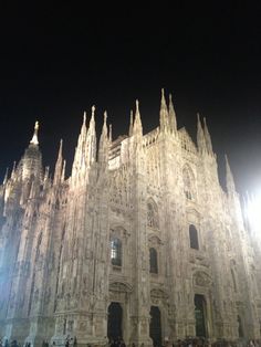 people are standing in front of a large cathedral at night with bright lights shining on it