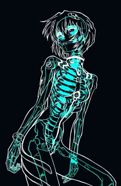 a drawing of a skeleton sitting on top of a skateboard in neon blue light