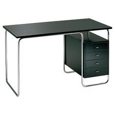 a black desk with three drawers on each side and a metal frame around the top