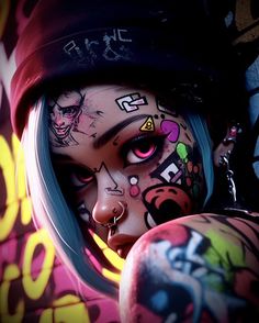 a woman with tattoos and piercings on her face