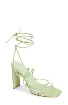 A slender block heel adds a sophisticated flourish to a strappy sandal designed with a squared-open toe. Wraparound ankle strap with tie closure Synthetic upper, lining and sole Imported Green Square Toe Evening Sandals, Formal Summer Lace-up Sandals With Block Heel, Summer Lace-up Sandals With Sculpted Block Heel, Summer Lace-up Sandals With Heel Strap And Square Toe, Green Lace-up Sandals With Wrapped Heel, Green Square Toe Heels For Spring, Spring Green Square Toe Heels, Summer Lace-up Sandals With Ankle Strap And Reinforced Heel, Chic Lace-up Sandals With Block Heel And Heel Strap