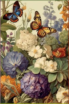 a painting of flowers and butterflies on a white background