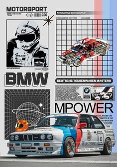 an advertisement for the bmw race car that has been modified to look like it is racing