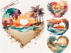 watercolor heart shapes with palm trees and sunset in the background