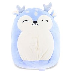 a blue and white stuffed animal with horns