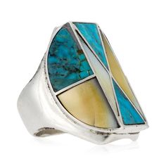 Native American Zuni Indian inlaid sterling silver and Sleeping Beauty chipped turquoise ring with mother of pearl. Stones are cut in semi-circle and triangle shapes. Chipped turquoise is a bright and vibrant blue. Great mid-century modern look that would complement a Southwestern or modern ranch style. No maker's mark. Size: Size 10.75; Face 1 1/4" Inventory: AH0698 Family Owned & Operated Cisco's Gallery deals in the rare, exceptional, and one-of-a-kind pieces that define the history of America and the Old West. Our pieces range from American Indian to Cowboy Western and include original items of everyday life, commerce, art, and warfare that tamed America's frontier. Our 14,000 square foot gallery opened in 1996 in beautiful Coeur d'Alene, Idaho. Personal Service Cisco's operates on old Modern Turquoise Ring With Polished Finish, Southwestern Polished Turquoise Ring Collectible, Unique Multi-stone Turquoise Ring In Sterling Silver, Southwestern Multi-stone Turquoise Ring, Southwestern Style Cabochon Rings, Collectible, Blue Multi-stone Turquoise Ring In Sterling Silver, Modern Ranch, Western Cowboy, Triangle Shape