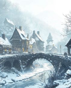 a snow covered village with a bridge over a stream