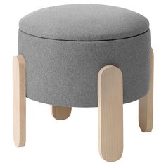 a grey ottoman with two wooden legs and a round foot rest on the bottom half