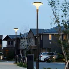 a street light sitting on the side of a road in front of some houses at night